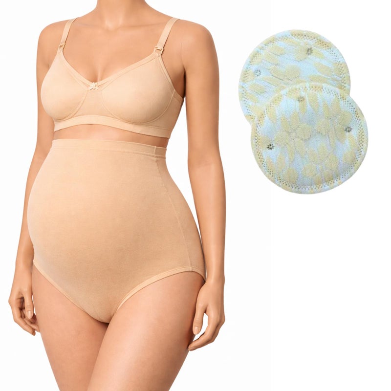 TUMMY Maternity Combo Set | Bamboo Cotton High Waist Pregnancy Panty, Non Padded Nursing Bra & Reusable Nursing Breast Pads | Soft, Breathable Postpartum & Breastfeeding Essentials for New Moms - Image 1
